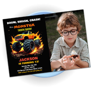 Orange Monster Truck Birthday Invitations Photo