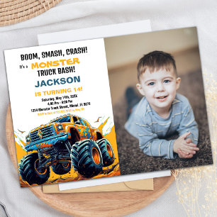Orange Monster Truck Birthday Invitations Photo