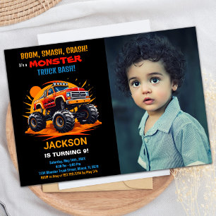 Orange Monster Truck Birthday Invitations Photo