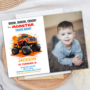 Orange Monster Truck Birthday Invitations Photo