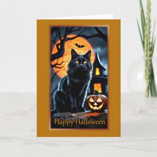 Orange Moon Black Cat Halloween Card