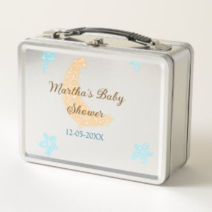 Orange moon blue stars glitter baby shower sparkle metal lunch box