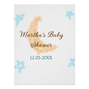 Orange moon blue stars glitter baby shower sparkle poster