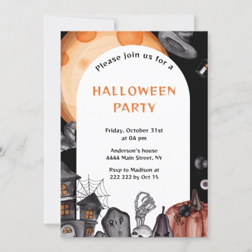 Orange Moon Haunting House Halloween Invitation