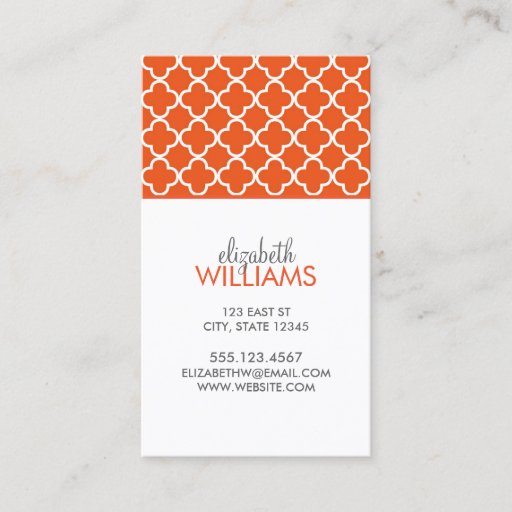 Customizable Tangerine Orange Moroccan Quatrefoil Pattern Business Cards