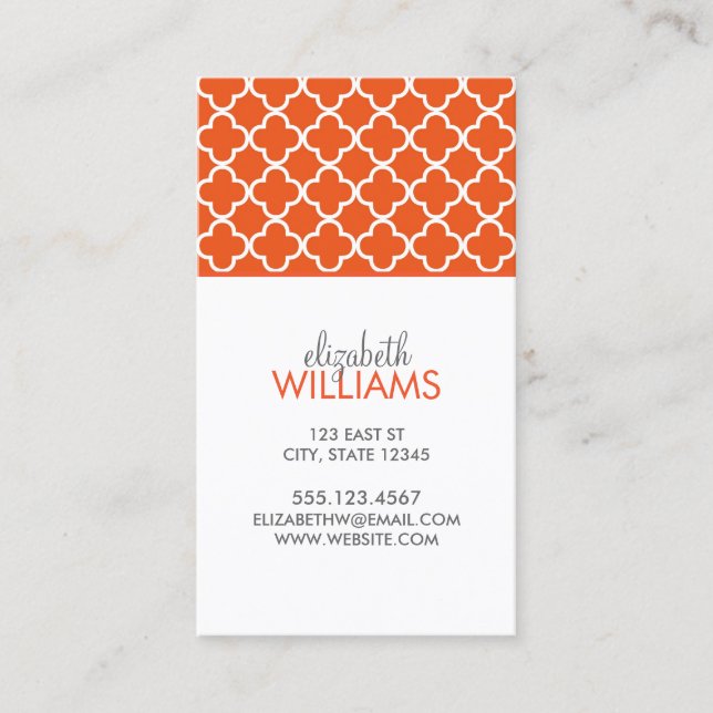 Orange Moroccan Quatrefoil Pattern Business Card (Front)