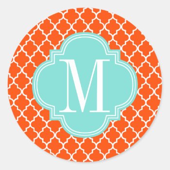 Orange Moroccan Tiles Lattice Personalized Classic Round Sticker by Jujulili at Zazzle