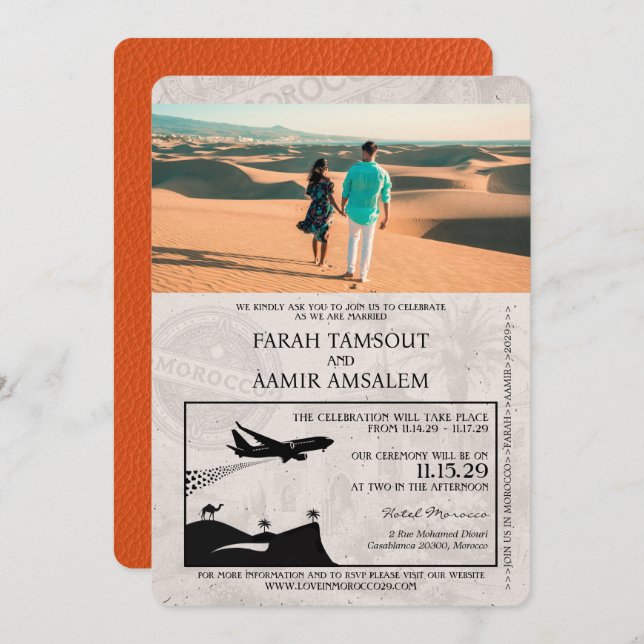 Orange Morocco Passport Wedding Invitation (Front/Back)