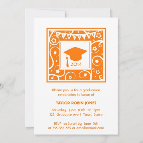 Orange Mortarboard Modern Graduation Invitations