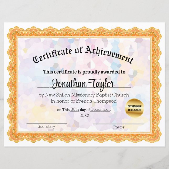 Orange Mosaic Certificate of Achievement (Front)