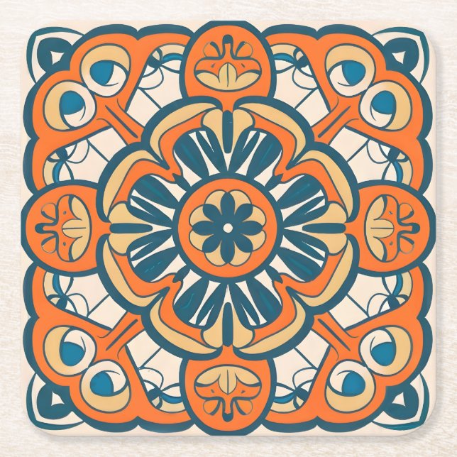 orange mosaic square paper coaster (Front)