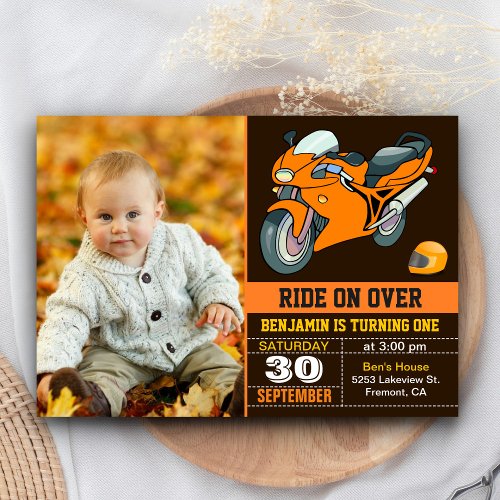 Orange Motorcycle Racing First Birthday Invitation