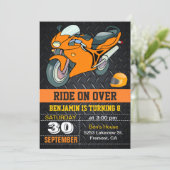 Orange Motorcycle Racing Kids Birthday Invitation (Standing Front)