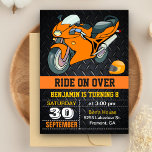 Orange Motorcycle Racing Kids Birthday Invitation<br><div class="desc">Invite your guests with this cool racing birthday party invitation featuring an orange sports motorcycle with modern typography against a black steel background. Simply add your event details on this easy-to-use template to make it a one-of-a-kind invitation. Flip the card over to reveal a black and white checkered pattern on...</div>