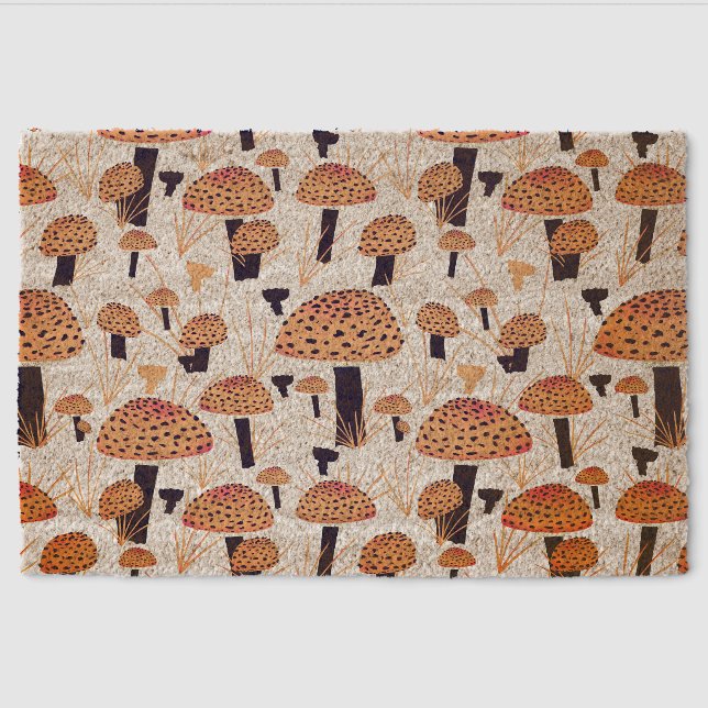 Orange Mushroom Fall Autumn Pattern Fiber Doormat (Front)