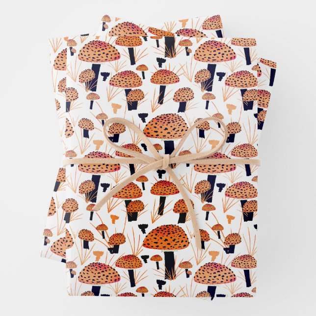 Orange Mushroom Fall Autumn Pattern Wrapping Paper Sheets (In situ)