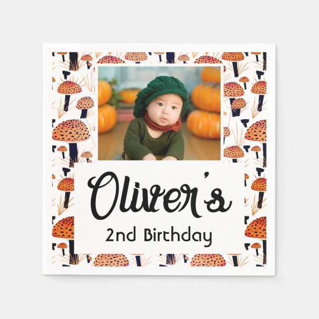 Orange Mushroom Fall Photo Birthday Party Napkins (Front)