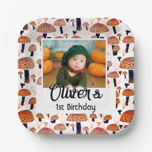 Orange Mushroom Fall Photo Birthday Party Paper Plates (Front)