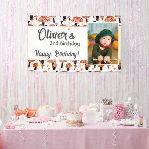 Orange Mushroom Pattern Fall Photo Birthday Banner