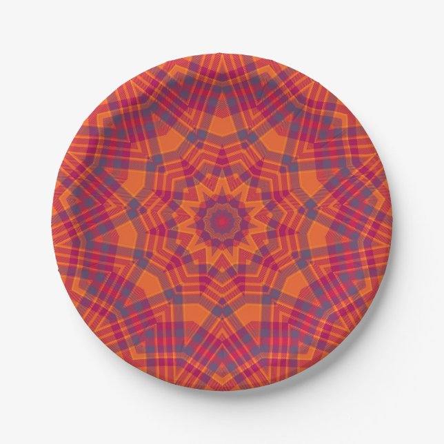 Orange n Purple Plaid  Kaleidoscope Paper Plates (Front)