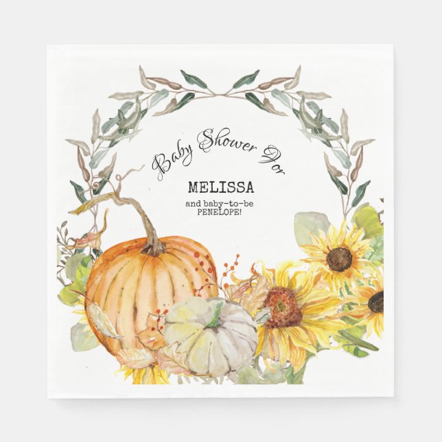 Orange n White Pumpkins w Sunflowers Baby Shower Napkins (Front)