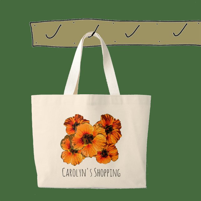 Orange nasturtium flowers - with your name large tote bag (Creator Uploaded)
