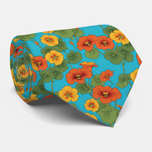 Orange Nasturtium Vines on Bright Blue Background Neck Tie
