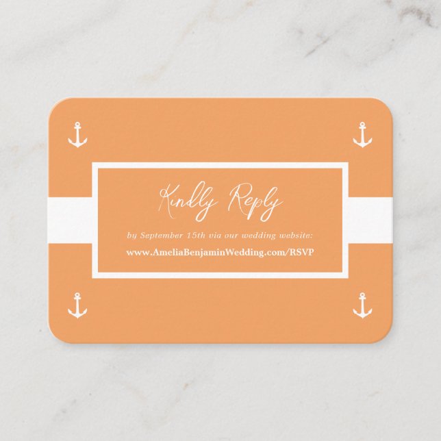  Orange Nautical Pattern Website Wedding RSVP Enclosure Card (Front)