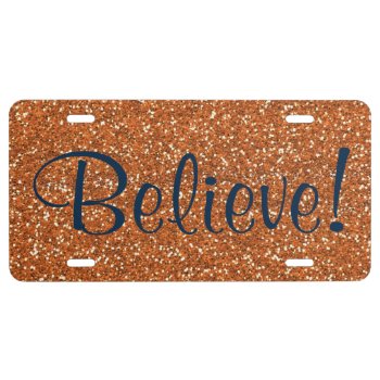 Orange/navy "believe" License Plate by PandaCatGallery at Zazzle