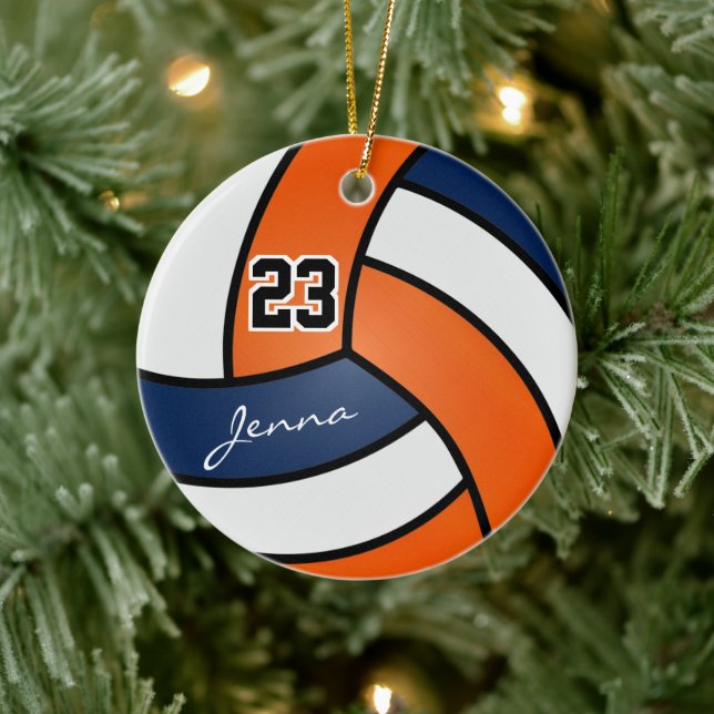 Orange, Navy Blue and White Volleyball Ceramic Ornament (Tree)