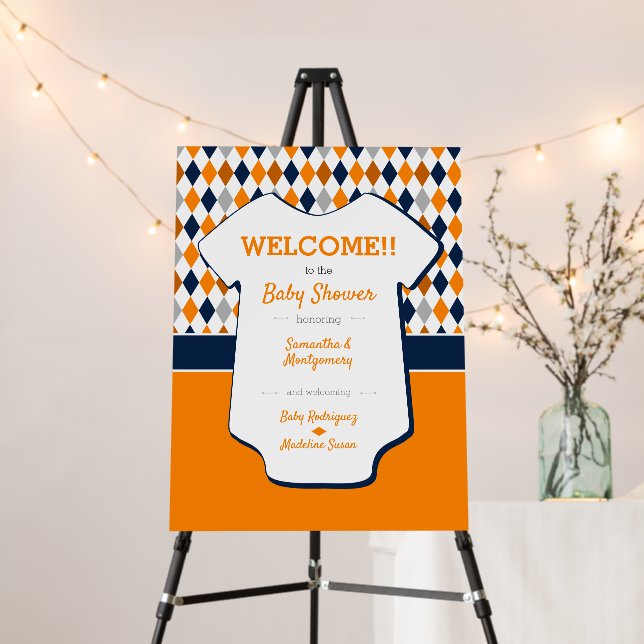 Orange & Navy Blue Argyle Pattern Baby Shower Foam Board (In Situ (Stand))