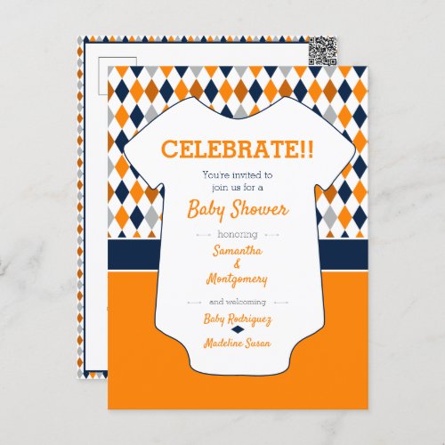 Orange  Navy Blue Argyle Pattern Baby Shower Postcard