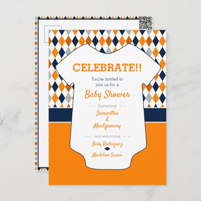 Orange & Navy Blue Argyle Pattern Baby Shower Postcard (Front/Back)
