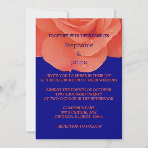 Orange Navy Blue Floral Rose Elegant Fall Wedding  Invitation