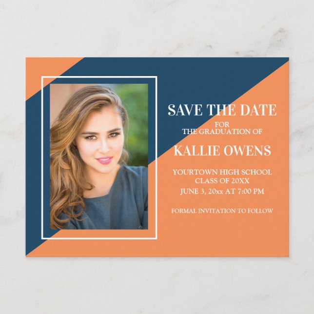 Orange Navy Blue Graduation Save the Date Announcement Postcard (Front)