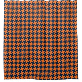 Orange/navy Blue Houndstooth Shower Curtain by PandaCatGallery at Zazzle