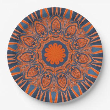 Orange Navy Blue Mandala Paper Plates by PandaCatGallery at Zazzle