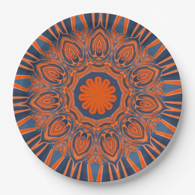 Orange Navy Blue Mandala Paper Plates (Front)