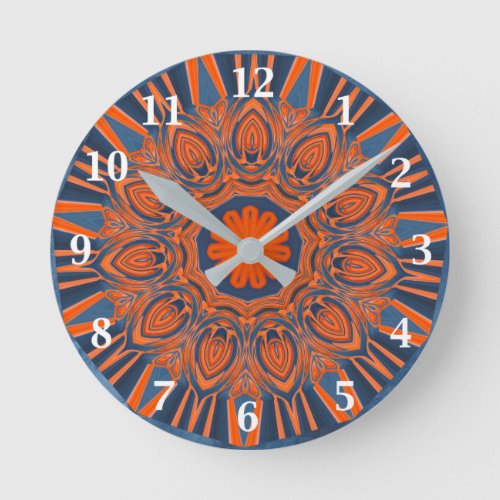 Orange Navy Blue Mandala Round Clock