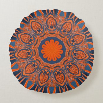 Orange Navy Blue Mandala Round Pillow by PandaCatGallery at Zazzle
