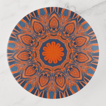 Orange Navy Blue Mandala Trinket Tray by PandaCatGallery at Zazzle