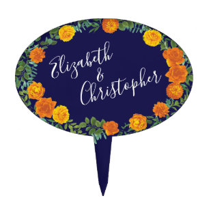 Orange & Navy Blue Peony & Rose Floral Wedding Cake Topper