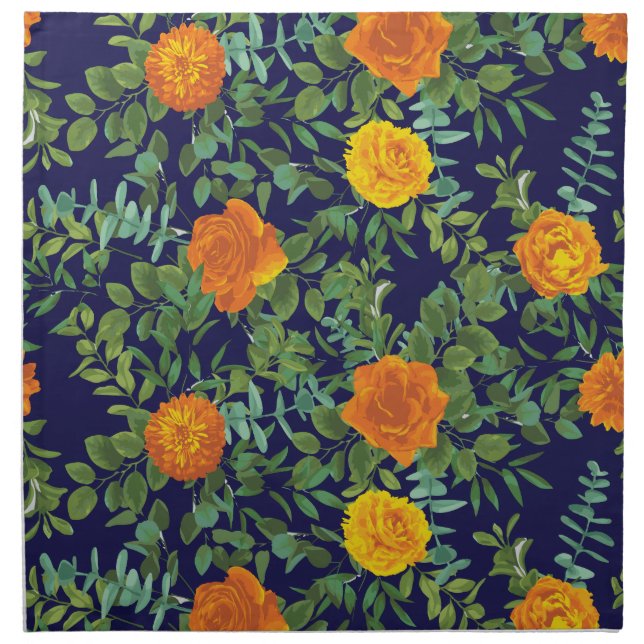 Orange & Navy Blue Peony & Rose Floral Wedding Cloth Napkin (Front)