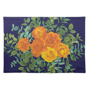 Orange & Navy Blue Peony & Rose Floral Wedding Cloth Placemat