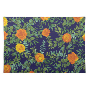 Orange & Navy Blue Peony & Rose Floral Wedding Cloth Placemat