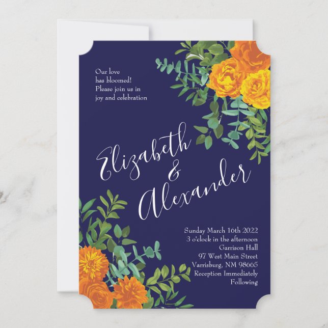 Orange & Navy Blue Peony & Rose Floral Wedding Invitation (Front)