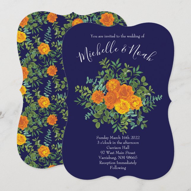 Orange & Navy Blue Peony & Rose Floral Wedding Invitation (Front/Back)