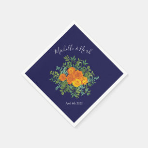 Orange & Navy Blue Peony & Rose Floral Wedding Napkins