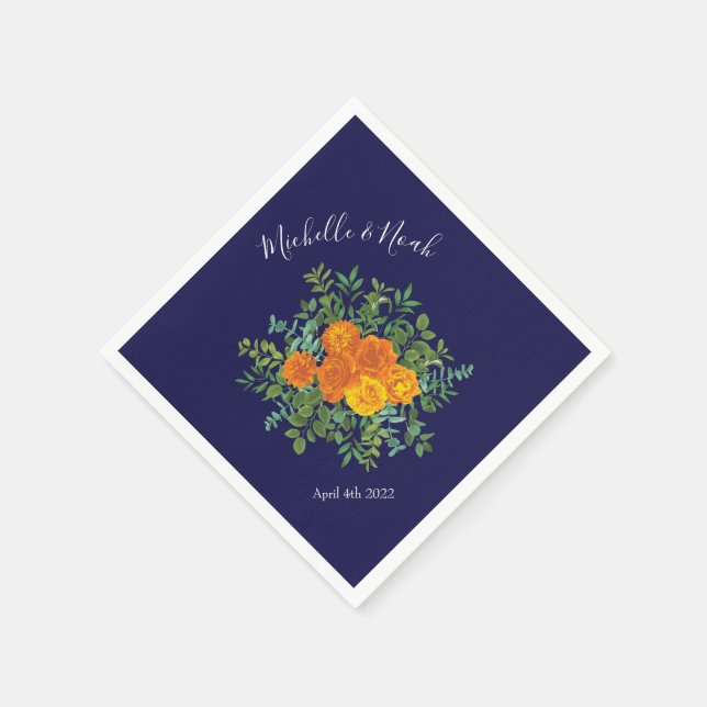 Orange & Navy Blue Peony & Rose Floral Wedding Napkins (Corner)