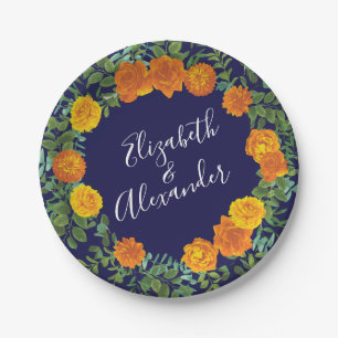 Orange Navy Blue Peony & Rose Floral Wedding Paper Plates